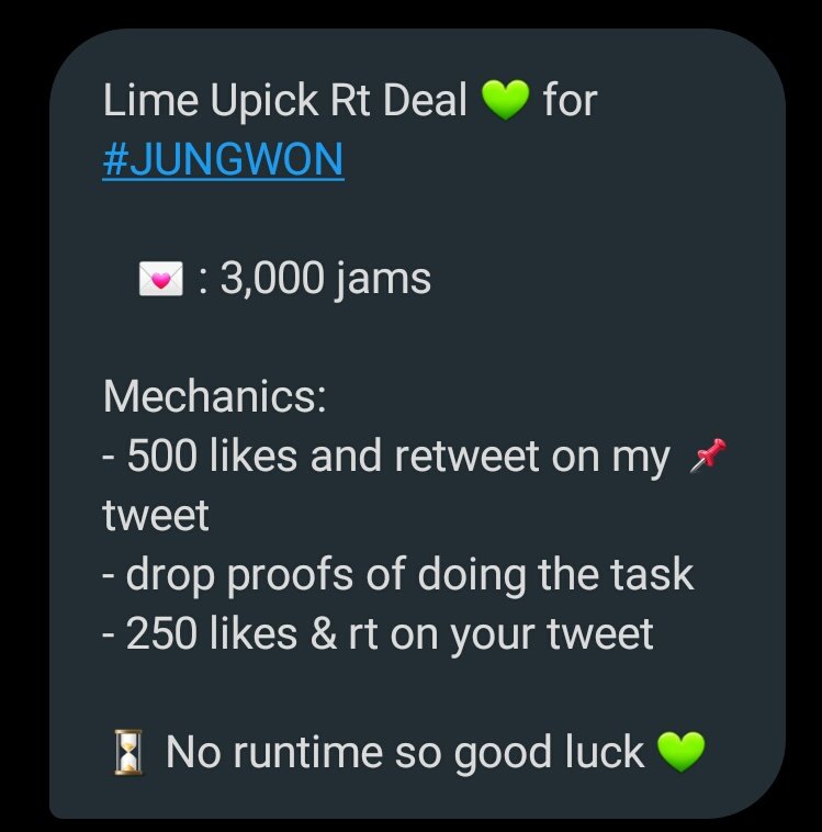 hoonwnz's tweet photo. Lime Upick Rt Deal 💚 for #JUNGWON 

   💌 : 3,000 jams 

Mechanics:
- 500 likes and retweet on @Limegives 📌 tweet
- drop proofs of doing the task 
- 250 likes &amp; rt on your tweet

⏳ No runtime so good luck 💚

#ENFuelUp #ENVOOSTERS https://t.co/pus7MBaCtr