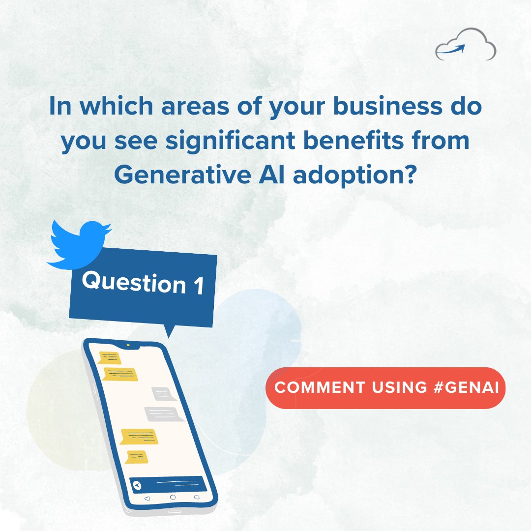 cloudthat's tweet photo. Question 1 is live! 
In which areas of your business do you see significant benefits from Generative AI adoption? #GenAI

#GenerativeAI #GenerativeAIContest #AIInnovationChallenge #WinWithGenerativeAI 
#InnovationContest #AIExcellence #ContestAlert #AIInspiration #FutureOfAI https://t.co/SjoKaVsBlv