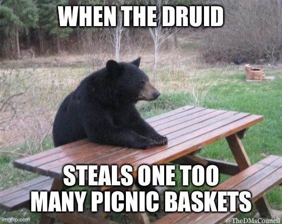 TheDMsCouncil's tweet photo. When the Druid is tired of foraging in the wild for food.
#dungeonsanddragons #RPG #tabletopgaming #dnd #Memes #Monday #dungeonmaster #Advice #Tips #MondayMeme #adventure #roleplayer https://t.co/tHzWANbOaK