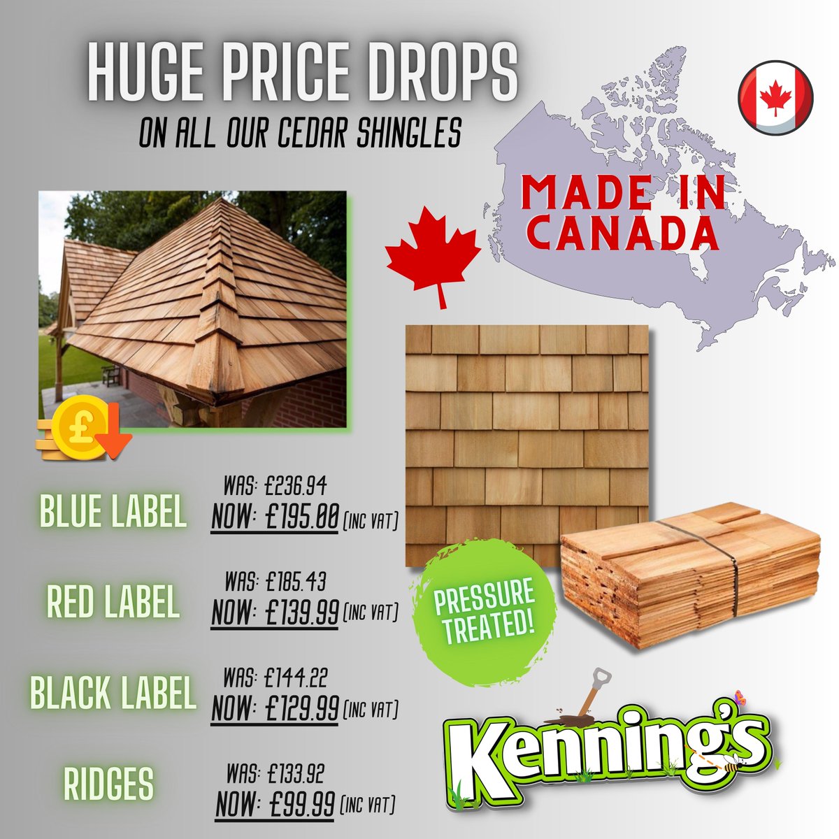 KenningsBuild's tweet photo. YOU WON'T WANT TO MISS THIS! HUGE PRICE DROPS ON ALL CEDAR SHINGLES! 💸🇨🇦

Shop at https://t.co/INIaCMixqv today! 🪵

#roofing #pricedrops #diy #gardeninspo #discountgarden #budgethome #budget #homeonabudget https://t.co/JdU5ZN2JI9