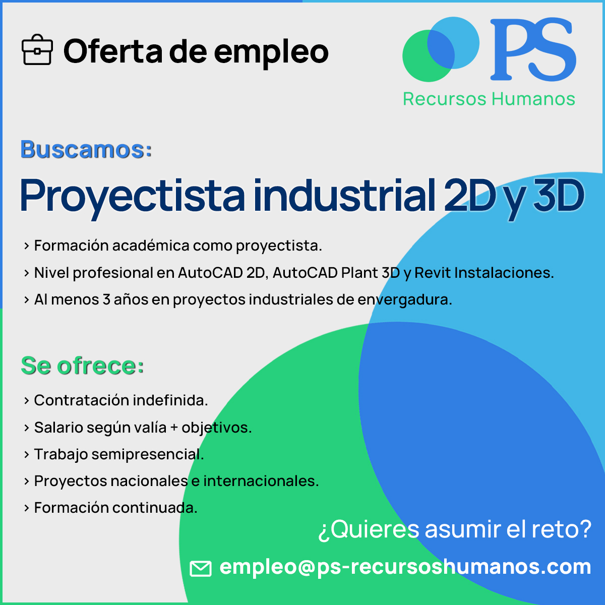 ¡Nueva #OfertaDeEmpleo! 💼 
Buscamos #ProyectistaIndustrial 2d y 3D para una importante empresa de #ingeniería en #Sevilla. Puesto con amplias opciones de crecimiento profesional. ¡Detalles en nuestra web!
🔗ps-recursoshumanos.com/oferta-empleo-…
#Empleo #OfertaDeTrabajo #Reclutamiento