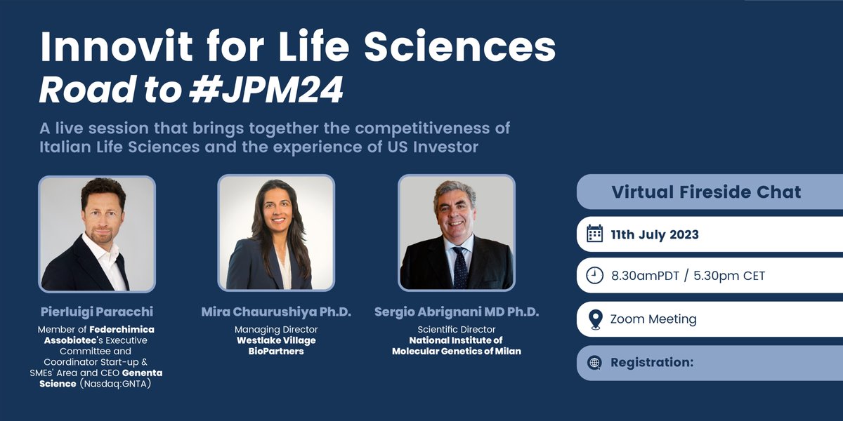 GenentaScience's tweet image. Join us Innovit for Life Sciences July 11 8.30amPDT/5.30pmCET
@pigiparacchi @GenentaScience (@Nasdaq:GNTA) @MiraChaurushiya  @BioWestlake 
@SergioAbrignani 
@niaforg @NucleateHQ @issnaf @assoiotecnews  @innovitsf @AssobiotecNews @Farmindustria   bit.ly/3JBgL0Z