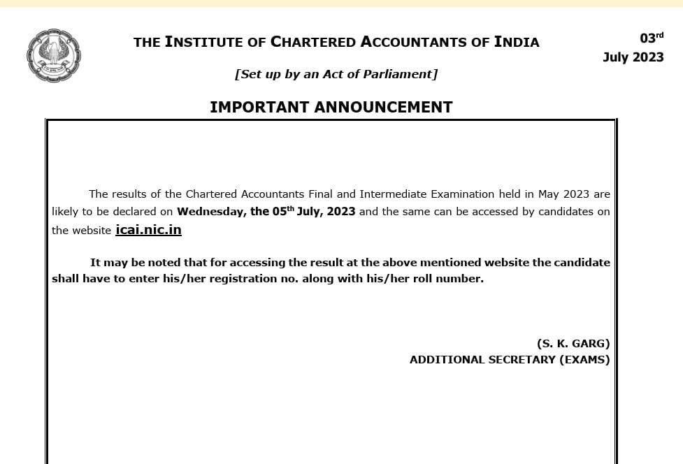 caanupam7's tweet photo. The results of Chartered Accountants Final and Intermediate Examination held in the month of May 2023 are likely to be declared on Wednesday, the 5th July 2023. All the best 👍 for all students. https://t.co/Di1NAeLN6M