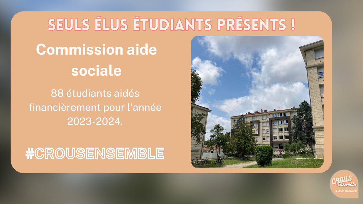 🗣️ Nos élus étaient les seuls présents vendredi en commission aide social annuelle pour étudier les dossiers 2023-2024.

🧑‍🎓 Si tu rencontres des difficultés, contacte le service social du 
<a href="/crousmontpel/">Crous de Montpellier-Occitanie</a> !