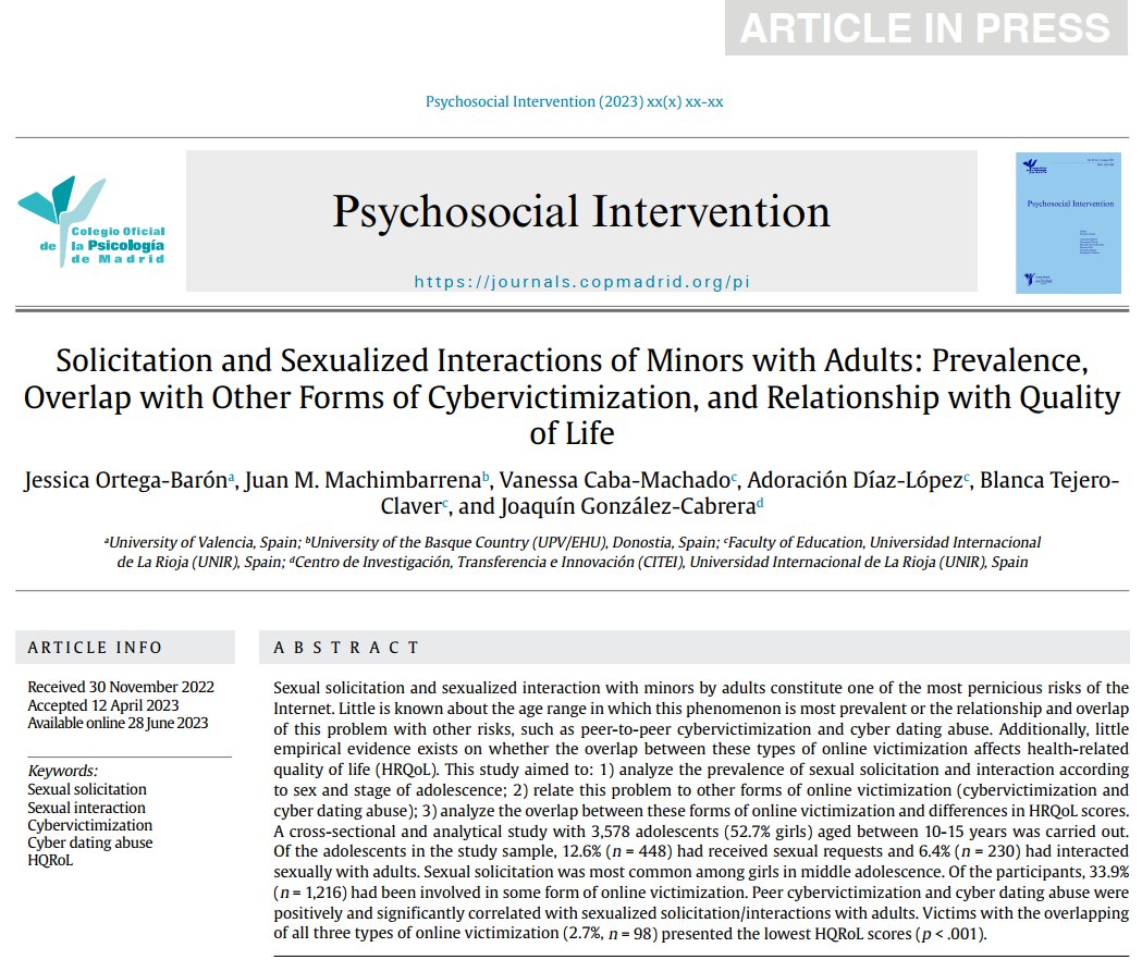 🆕Paper Grupo #cyberpsychology de
@UNIR_Investiga Evidencias sobre el solapamiento de riesgos relacionales de Internet en menores de 16 años y su afectación a la Calidad de Vida. 
journals.copmadrid.org/pi/art/pi2023a…
<a href="/jmmachimbarrena/">Juan Manuel Machimbarrena</a> <a href="/JessicaOrtegaB1/">Jessica Ortega-Baron</a>