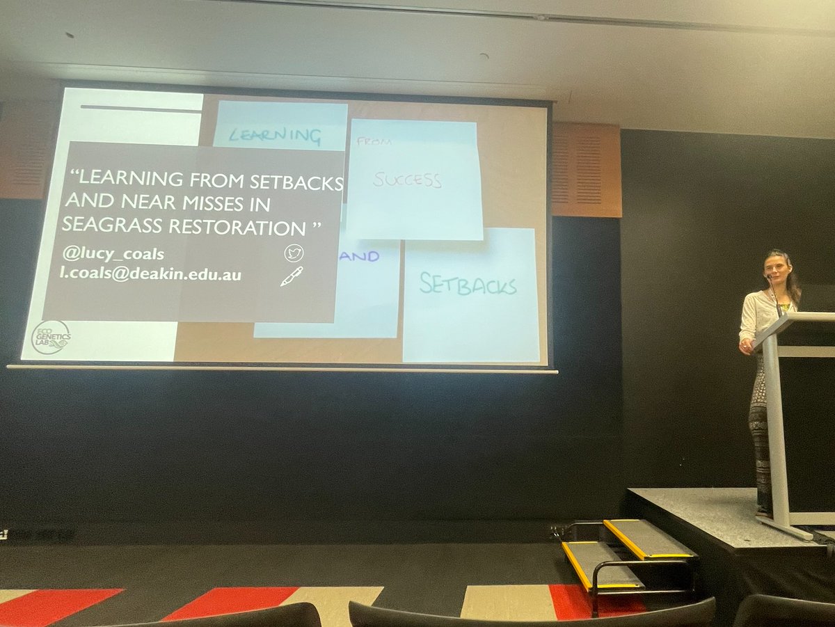 AmsaVictoria's tweet photo. It's been a great day for Victorian marine botany nerds at #AMSA2023 with some fantastic talks on #seagrass #restoration by @lucy_coals, @abbiewookey, Laney Callahan and Elizabeth Keener from @EcoGeneticsLab  at @Deakin https://t.co/ZEg8VQJ8Tf