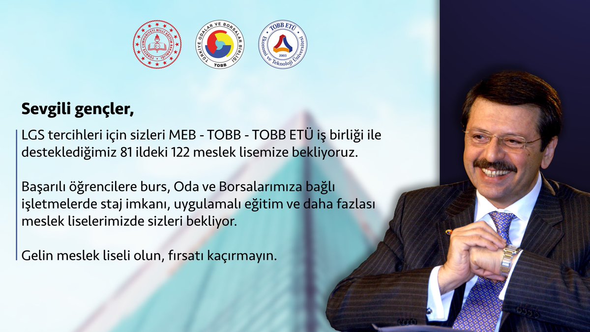 TOBBiletisim's tweet image. LGS tercihleri için sizleri MEB-TOBB-TOBB ETÜ işbirliği ile desteklediğimiz 122 meslek lisemize bekliyoruz. @tcmeb @tobbetum