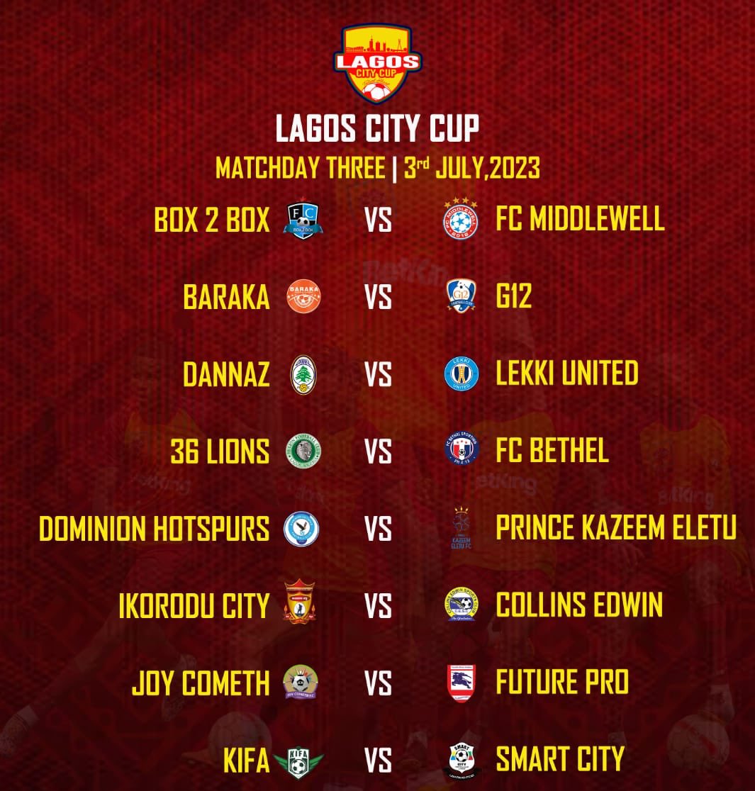 🚨UPDATES: <a href="/LagosCityCup/">Lagos City Cup</a> DAY 2

✅- Results

✅ - 8 wins in 8 matches

✅ - 16 goals in 8 matches

✅ - 6 cleansheet🧤 in 8 games

✅ - Tables

Day 3 continues today from 11am - 7pm. See the fixtures below

#LagosCityATSJCup23
#BarcelonaXIkoroduCityFC