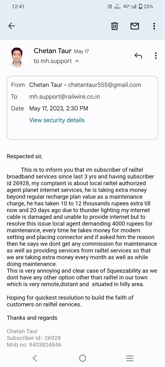 chetantaur's tweet photo. @RailTel @RailWireIndia The official complaint was lodged on 17 th may but no resolutions yet.very poor service https://t.co/cYym7uUuQj