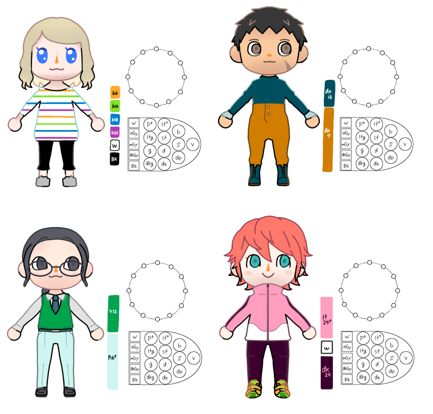 あげるものがないので古い絵あげておきます
色彩検定2級(改定後最新版)の色相配色書き込み用です良かったらお使いください
同一・類似・対象・多色(色相・トーン用)です。キャラはオリジナル。型はどう森。
試験問題、多色配色大好きだよね。毎年出てる(笑) 