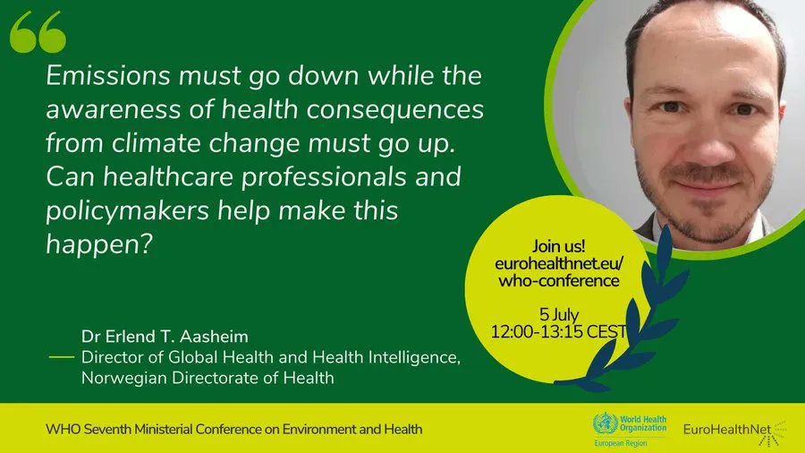 EuroHealthNet (@eurohealthnet) on Twitter photo Ready for <a href="/WHO_Europe/">WHO/Europe</a>'s Ministerial Conference on Environment & Health?
Join us on Wednesday for our #7MCEH session on helping health professionals drive a green & fair transition, and hear from <a href="/ErlendAasheim/">Erlend T. Aasheim</a>!
Info & livestream➡️eurohealthnet.eu/who-conference
@helsedir @centreshe Ready for <a href="/WHO_Europe/">WHO/Europe</a>'s Ministerial Conference on Environment & Health?
Join us on Wednesday for our #7MCEH session on helping health professionals drive a green & fair transition, and hear from <a href="/ErlendAasheim/">Erlend T. Aasheim</a>!
Info & livestream➡️eurohealthnet.eu/who-conference
@helsedir @centreshe