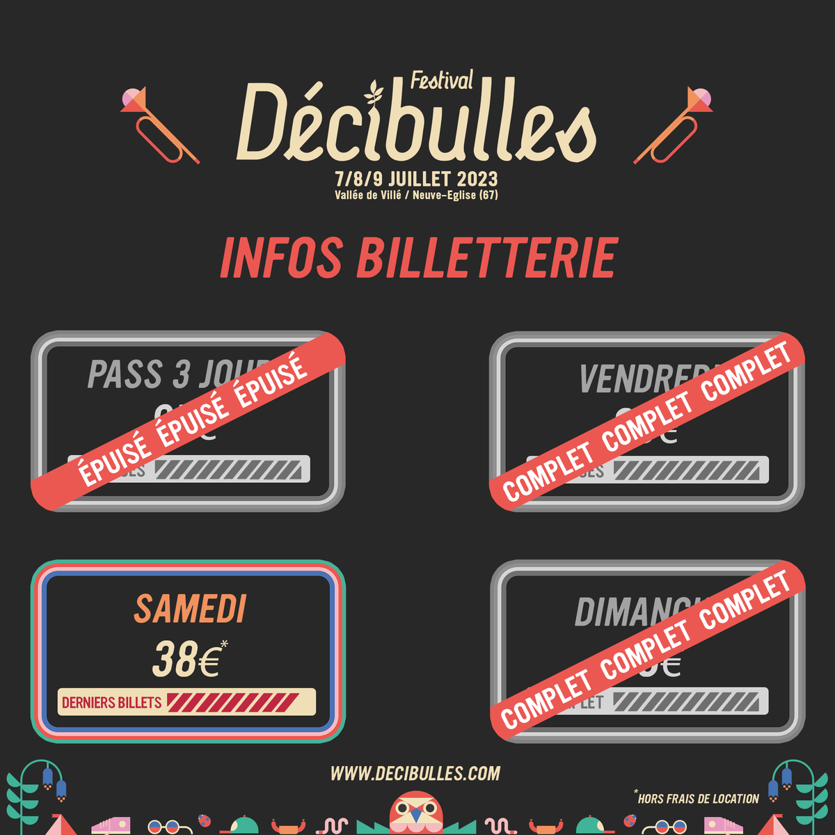 🎟 INFO BILLETTERIE ! 🎟

Le dimanche 9 juillet est complet ! Merci beaucoup ! 🙏

⚠ Les derniers billets 1 JOUR pour le samedi 8 juillet sont en vente. C’est la dernière chance pour profiter du festival !
