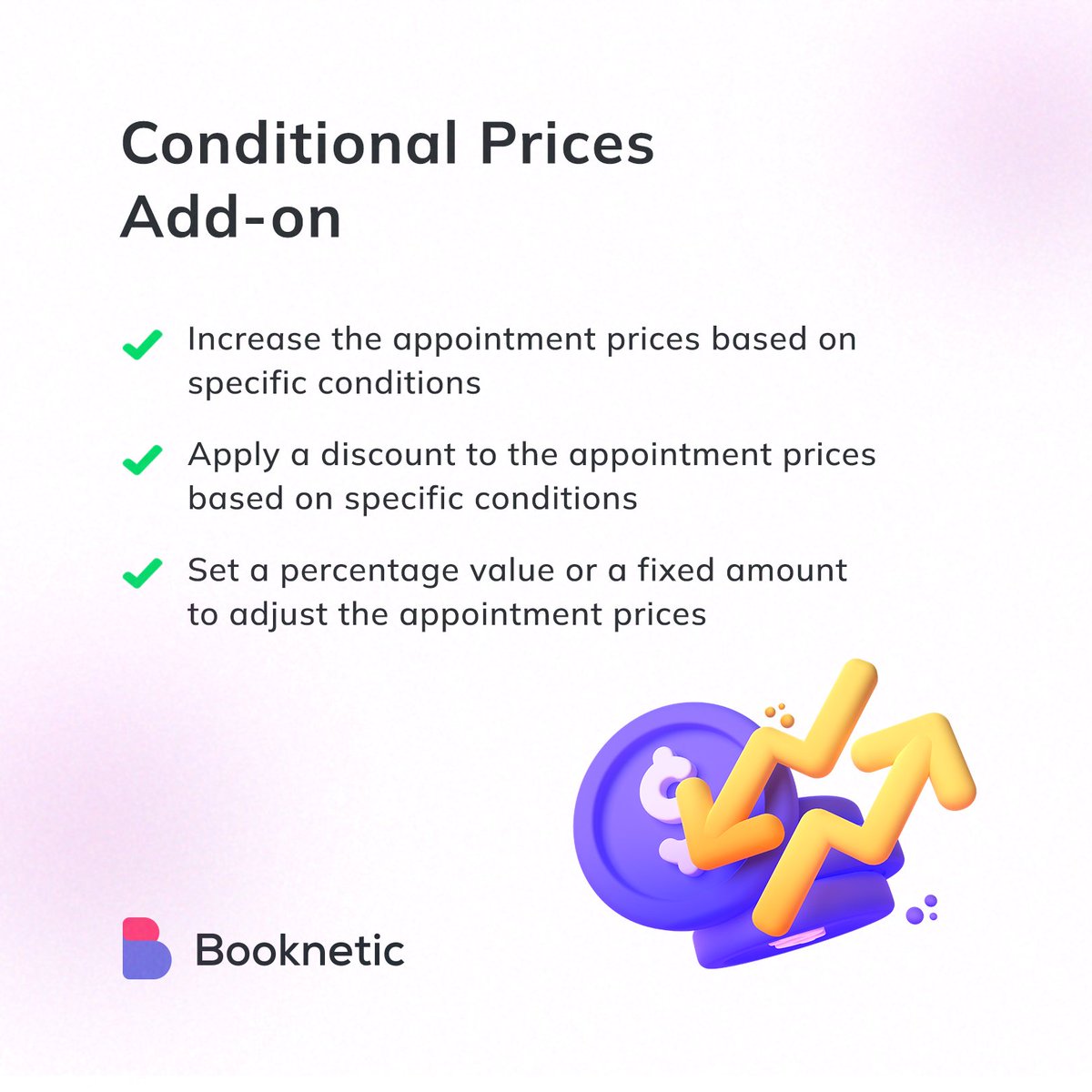 booknetic's tweet photo. 📢 Exciting news! Booknetic introduces "Conditional Prices"! 

Customize your appointment booking pricing like never before. 

Tailor discounts, promotions, and more based on specific conditions 💰

#Booknetic #ConditionalPrices #PricingRevolution https://t.co/tRejbIg4HK