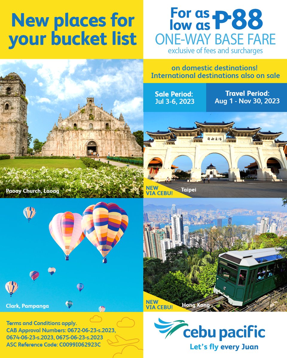 If you’ve got a bucket list, here are more places for you to cross out! Fly for as low as P88 one-way base fare (exclusive of fees and surcharges) to local and international destinations! New #CEBTravels na ba? Let’s fly every Juan and book now at bit.ly/CebuPacificSale