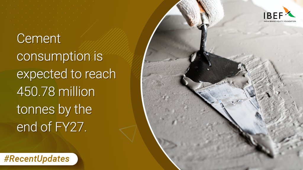 Brands_India's tweet image. India is the second-largest producer of cement in the world, accounting for more than 7% of the global installed capacity. In terms of volume, cement consumption reached 355.46 million tonnes in FY22 and is expected to reach 450.78 million tonnes by the end of FY27. #RecentUpdate