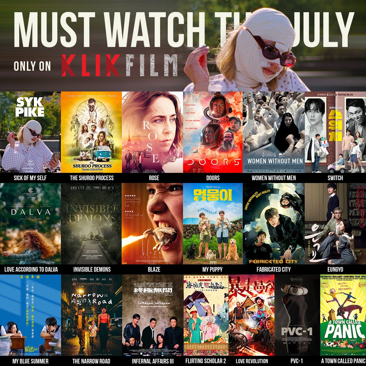 KlikFilm's tweet image. 🎥🍿 Tayangan spesial bulan Juli telah hadir! Siap-siap nikmati deretan film seru dari manca negara dibawah ini. Yuk, merapat ke KlikFilm sekarang! #KlikFilm #FilmJuli #SeruBanget