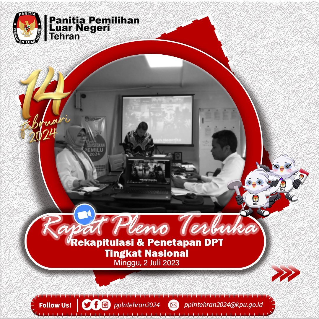 pplntehran2024's tweet image. PPLN Tehran menghadiri Rapat Pleno Terbuka via Zoom Meeting
🗓️ Minggu, 02/07/2023
🕠 09.30 WIB (05.30 waktu Tehran)
📎 Rekapitulasi dan Penetapan Daftar Pemilih Tetap (DPT) Tingkat Nasional
#ppln
#Pemilu2024
#pemilu
#pantarlih
#ecoklit
#demokrasi
#sidalih
#wni
#tehran
#iran
#dpt