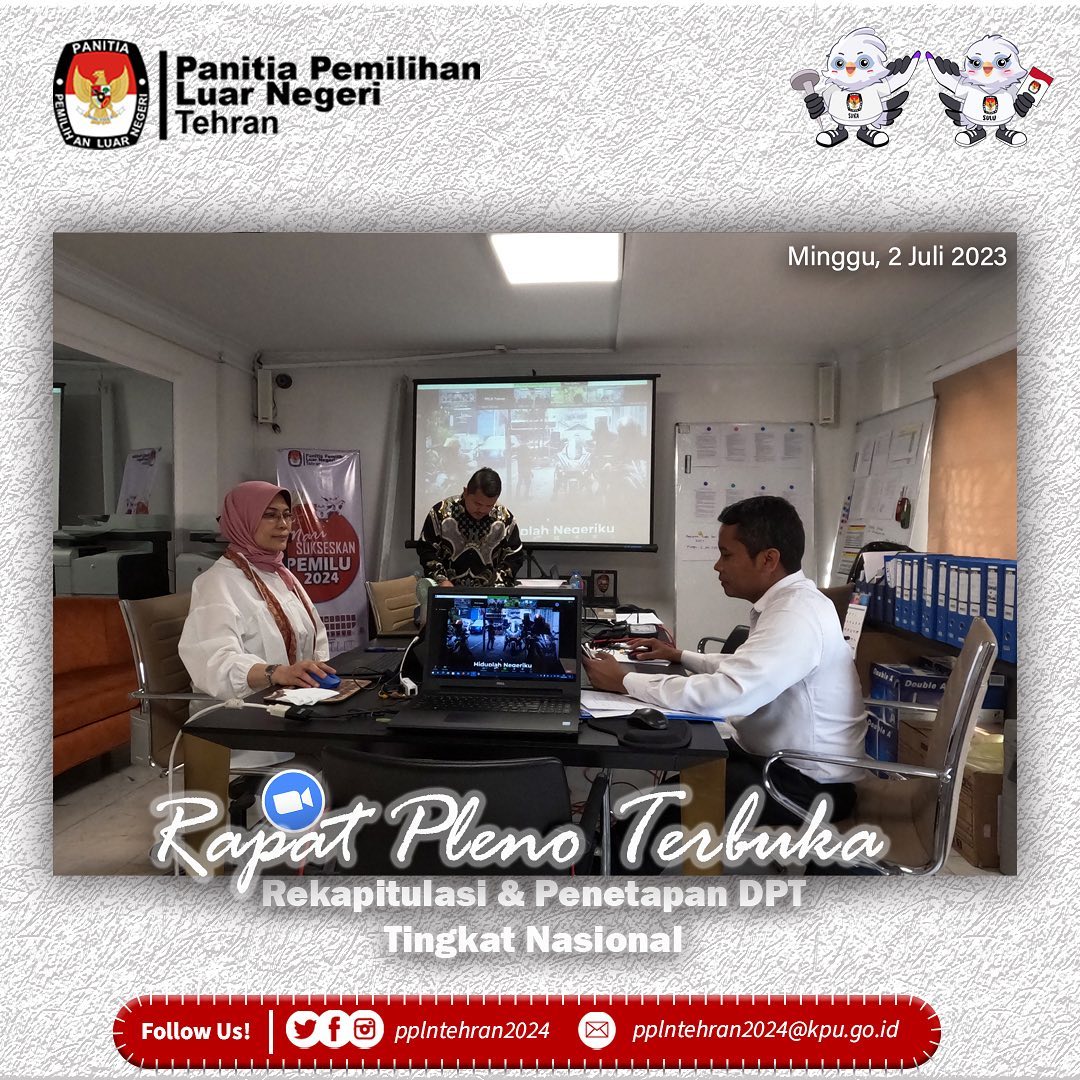 pplntehran2024's tweet image. PPLN Tehran menghadiri Rapat Pleno Terbuka via Zoom Meeting
🗓️ Minggu, 02/07/2023
🕠 09.30 WIB (05.30 waktu Tehran)
📎 Rekapitulasi dan Penetapan Daftar Pemilih Tetap (DPT) Tingkat Nasional
#ppln
#Pemilu2024
#pemilu
#pantarlih
#ecoklit
#demokrasi
#sidalih
#wni
#tehran
#iran
#dpt