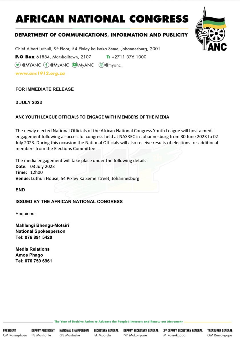 ANC YOUTH LEAGUE OFFICIALS TO ENGAGE WITH MEMBERS OF THE MEDIA

#26thANCYLNationalCongress 
#ANCYL26