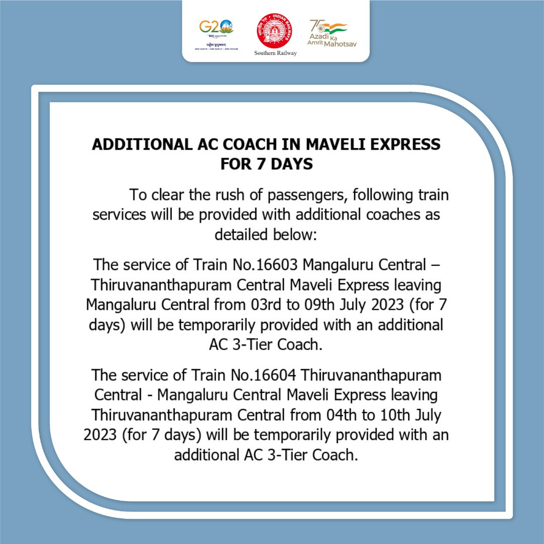 DRMPalghat's tweet photo. Passengers please note:
The following train services will be provided with an additional AC coach to clear the rush of passengers.
Stay informed to plan accordingly.
#DRMPalghat #SouthernRailway #Trainupdates #Trainservices #Railalerts https://t.co/uT3gtB05fJ