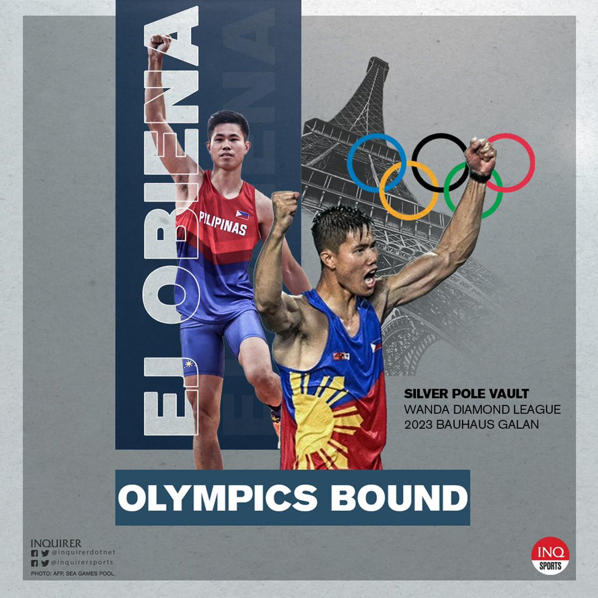 inquirersports's tweet photo. EJ OBIENA SECURES TICKET TO PARIS. 

EJ Obiena became the first Filipino to punch a ticket to the 2024 Olympics after clearing the Olympic standard of 5.82 meters at the Bauhaus Galan in Stockholm, Sweden.

READ: https://t.co/TvDexgg4mW https://t.co/3ciaX6pxdE