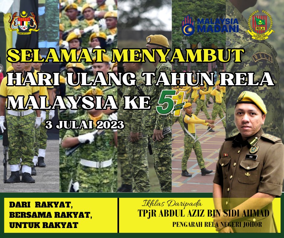 Selamat Menyambut Hari Ulang Tahun Jabatan Sukarelawan Malaysia (RELA) yang ke 51 Tahun  "DARI RAKYAT, BERSAMA RAKYAT, UNTUK RAKYAT"

#SetiaBerbakti
#HUTRELA51

<a href="/KDNPUTRAJAYA/">KDN🇲🇾</a> <a href="/relamalaysia/">RELA Malaysia</a> <a href="/yahyakgc/">Yahya Sulaiman</a> <a href="/abdaziz_sidi/">aziz</a>