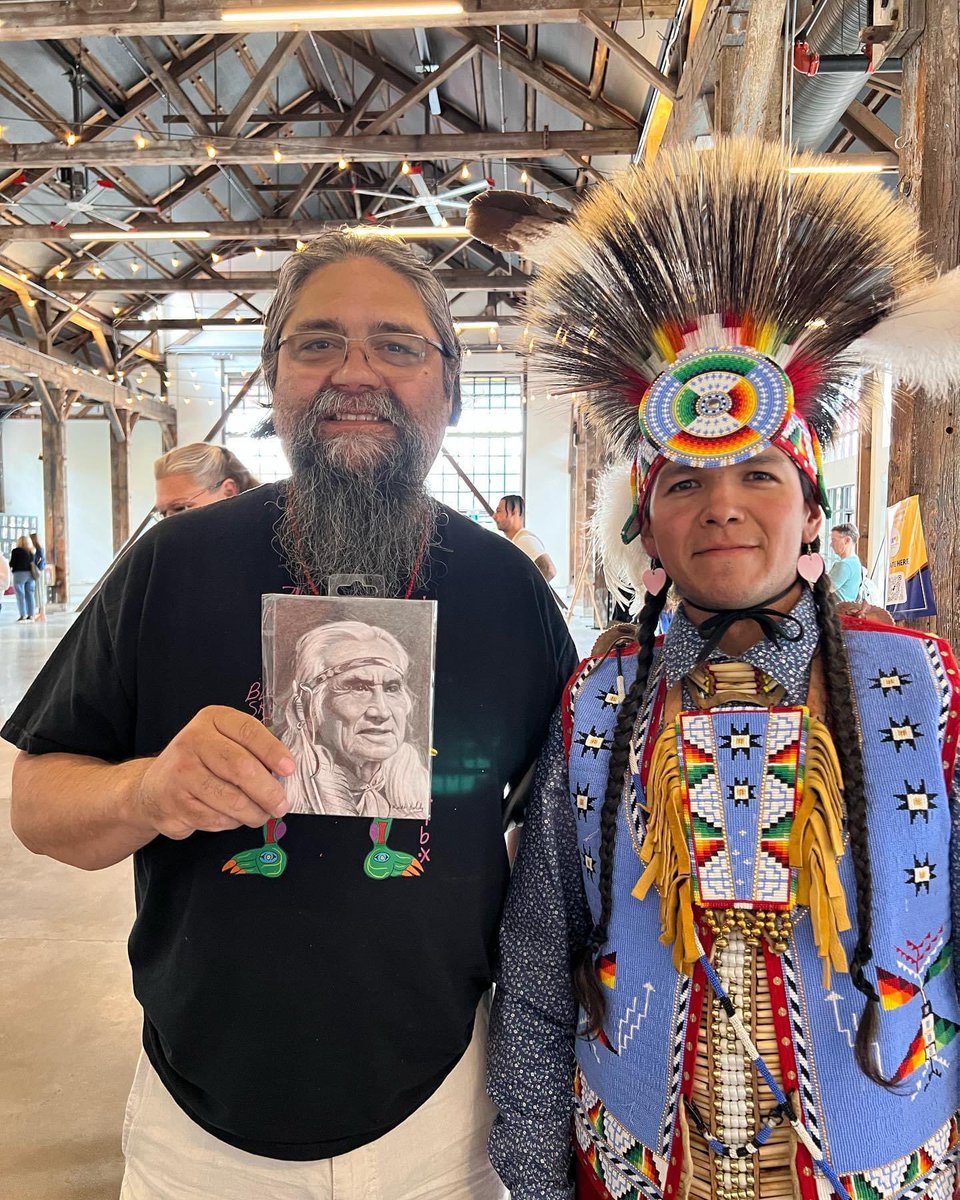 PAEartforacause's tweet photo. We love to see the special connections that TAE create with people. During the opening in Vancouver the indigenous artist James Groening purchased the card of Chief Dan George by @ktboldy The Elder who offered a prayer/song for the event was Dan George’s grandson. We had no idea of this until he announced so in his introductory remarks.
