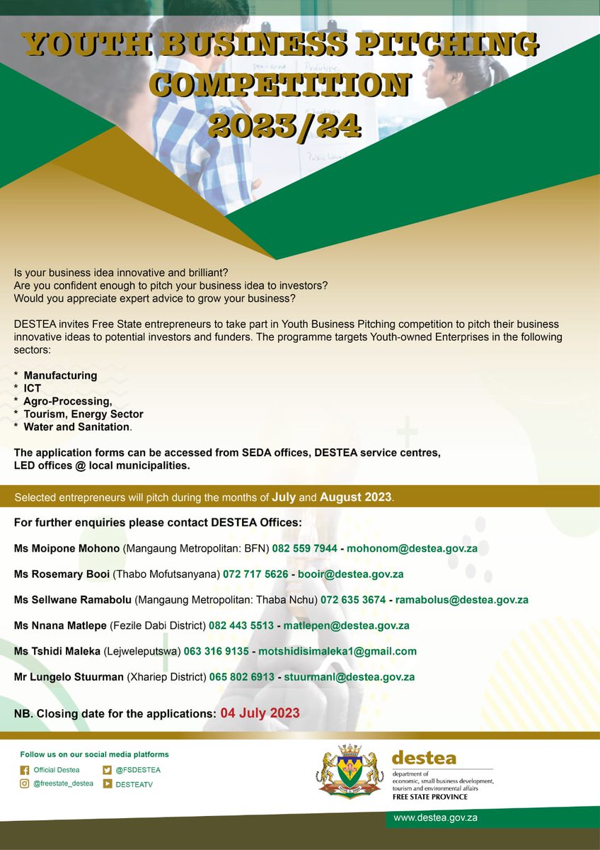 REMINDER!!!
1 Day to go till the closing date for the Youth Business Pitching Competition 2023/24
Click on the link below for the application form.
kwantugo.com
#DESTEA #YouthMonth2023 #BusinessPitching #smmesupport