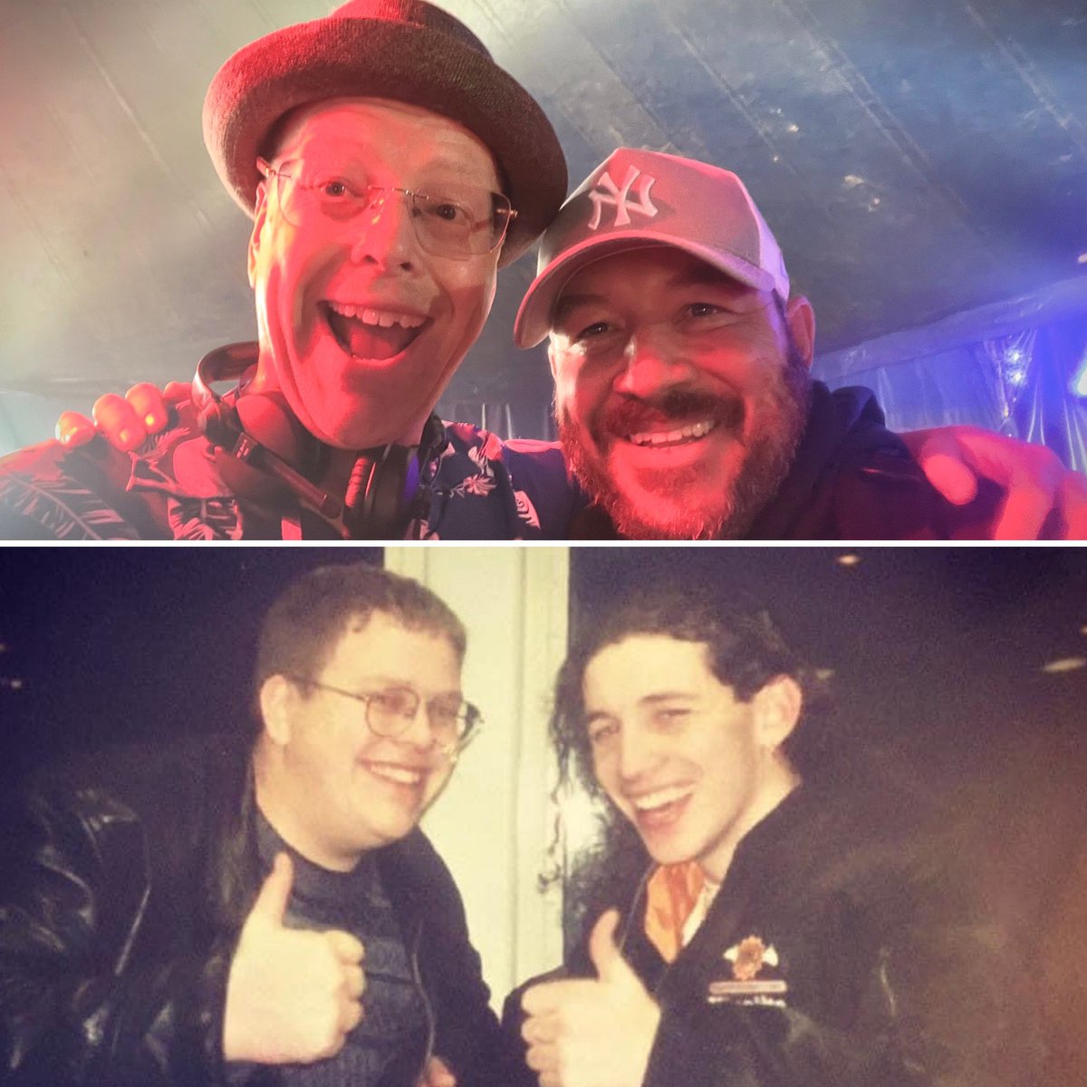 Hixxy and I last night at Back 2 Festival … And a picture of us in 1995 on the way to DJ on the Isle of White! 

I’ll be live from midday with 2 hours of feel good Old Skool and some rather exciting Rave Story announcements! 

Link to listen live mixcloud.com/DJ_BillyDaniel…