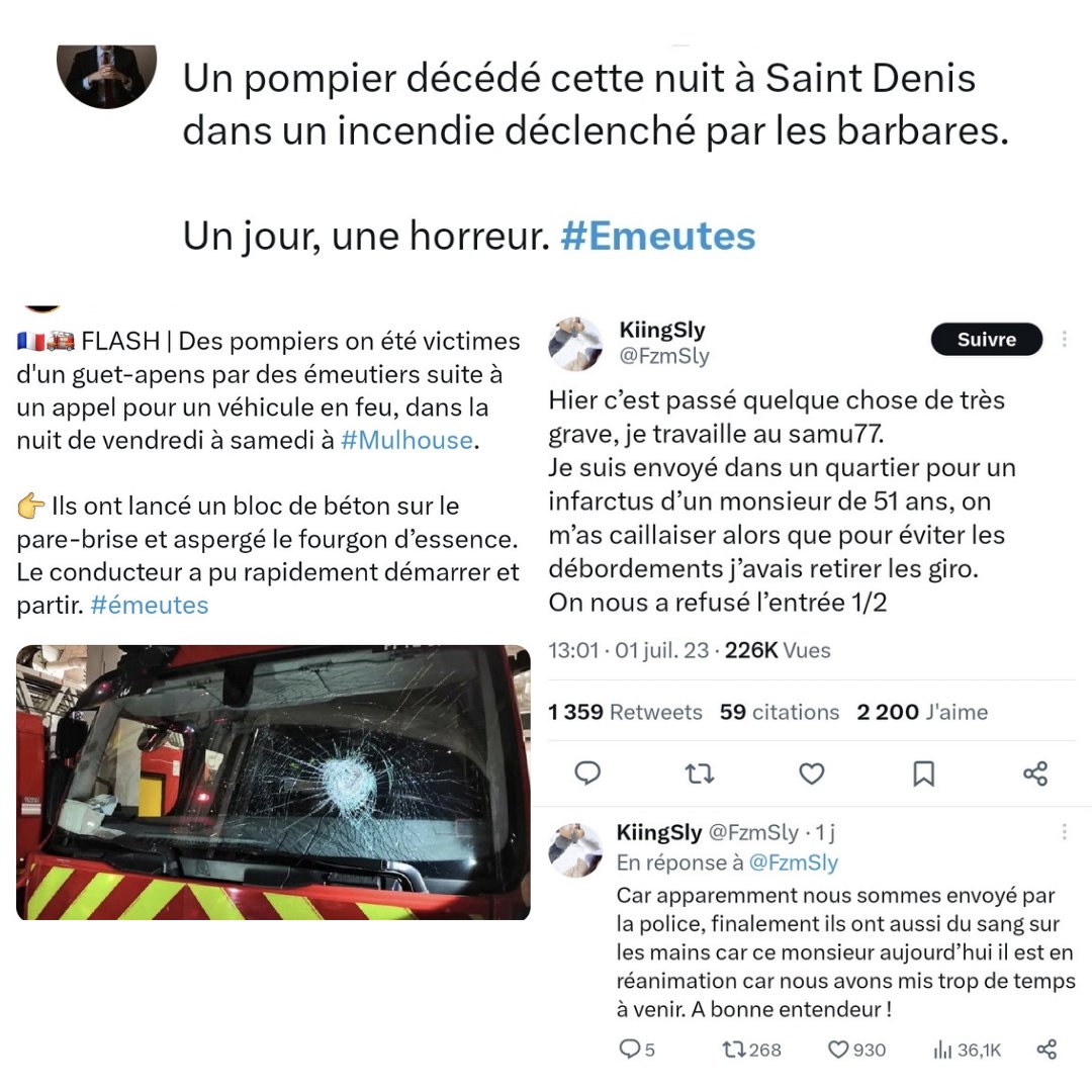 Qu'est ce qu'un pompier ou un ambulancier (ou un commerçant, ou des parents etc.) ont avoir avec avec une quelconque révolte contre l'institution policière/le pouvoir politique ou encore une quelconque demande de justice ? RIEN ! Des criminels et barbares rien d'autre ! #emeutes