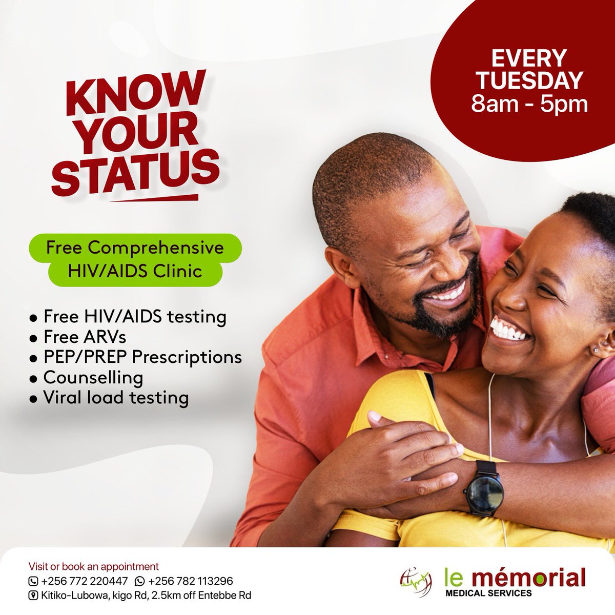 LeMemorialUg's tweet photo. 🟢 Take control of your well-being with our compassionate and confidential services. Get tested for HIV/AIDS, receive accurate results, and find support through professional counseling. Your health matters, and we're here to support you every step of the way.
#lememorial #health https://t.co/RoHXovPsbt