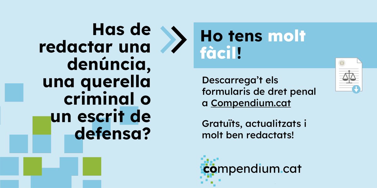 conselladvocat's tweet photo. 📄FORMULARIS DRET PENAL | Troba els formularis de dret penal que necessites a #CompendiumCat!
👌Gratuïts, de qualitat, actualitzats i en català.
Descarrega-te'ls aquí 👉https://t.co/abfBRnJZrv
🤝 Amb la col·laboració de Marcel Molina Conte de @BMolinaBosch 
#DretPenal #Formularis https://t.co/5Tk0uwRNWG