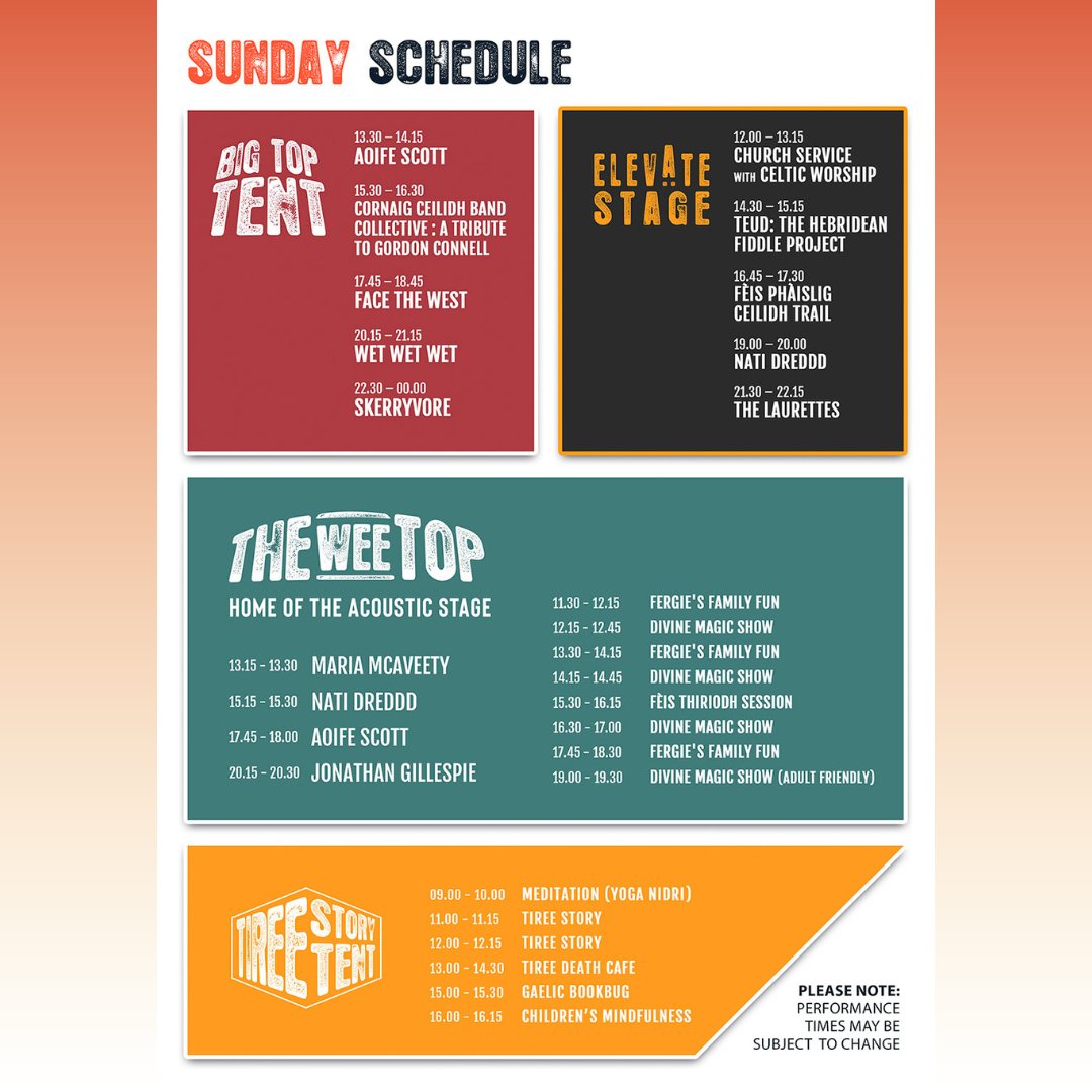 Here are your Stage Times! 🎪 Big Top, Wee Top & everything in between... we've got so much on the schedule for you folks! For all your event-time info, head to – tireemusicfestival.co.uk/onsite/ #WhereTheSunSetsAndTheMusicRises