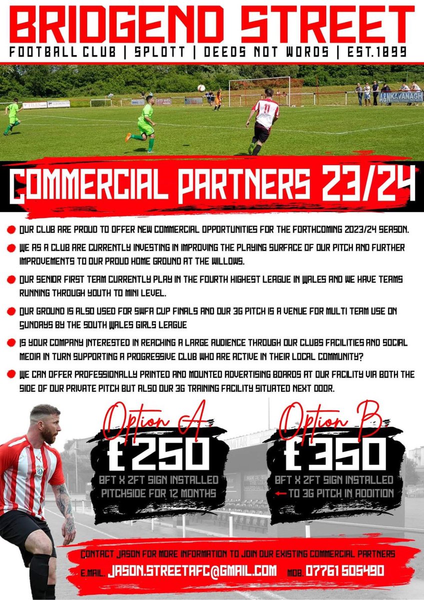 BridgendSt's tweet photo. 2/2 this summer we are actively seeking interested companies who would like to have their company logo and details around our playing area via professionally printed ad-boards,
Interested....then why not show your support for the club and get in touch with Jason Proctor. https://t.co/FUvnUBgNoK