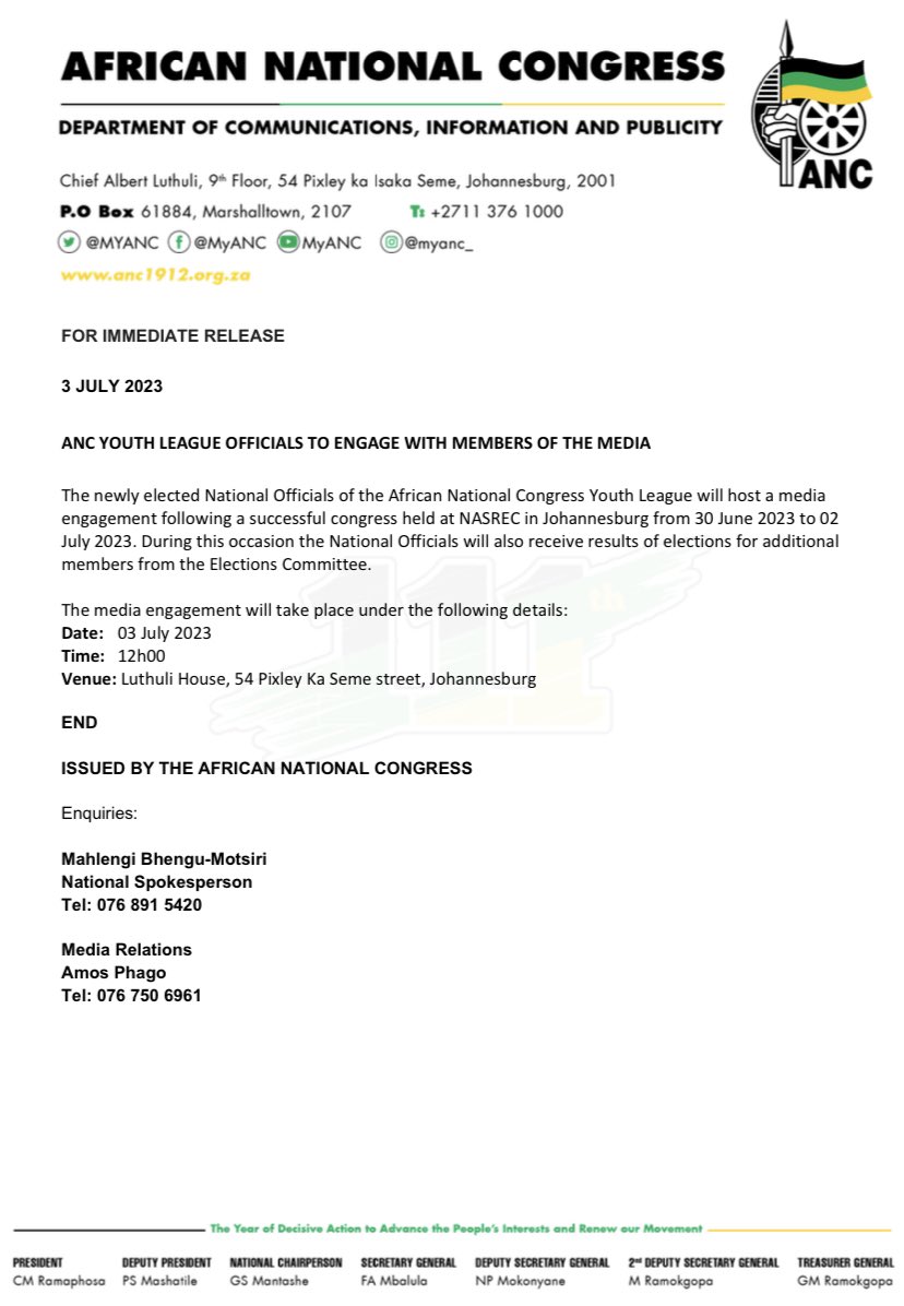 ANC YOUTH LEAGUE OFFICIALS TO ENGAGE WITH MEMBERS OF THE MEDIA.
#26thANCYLNationalCongress