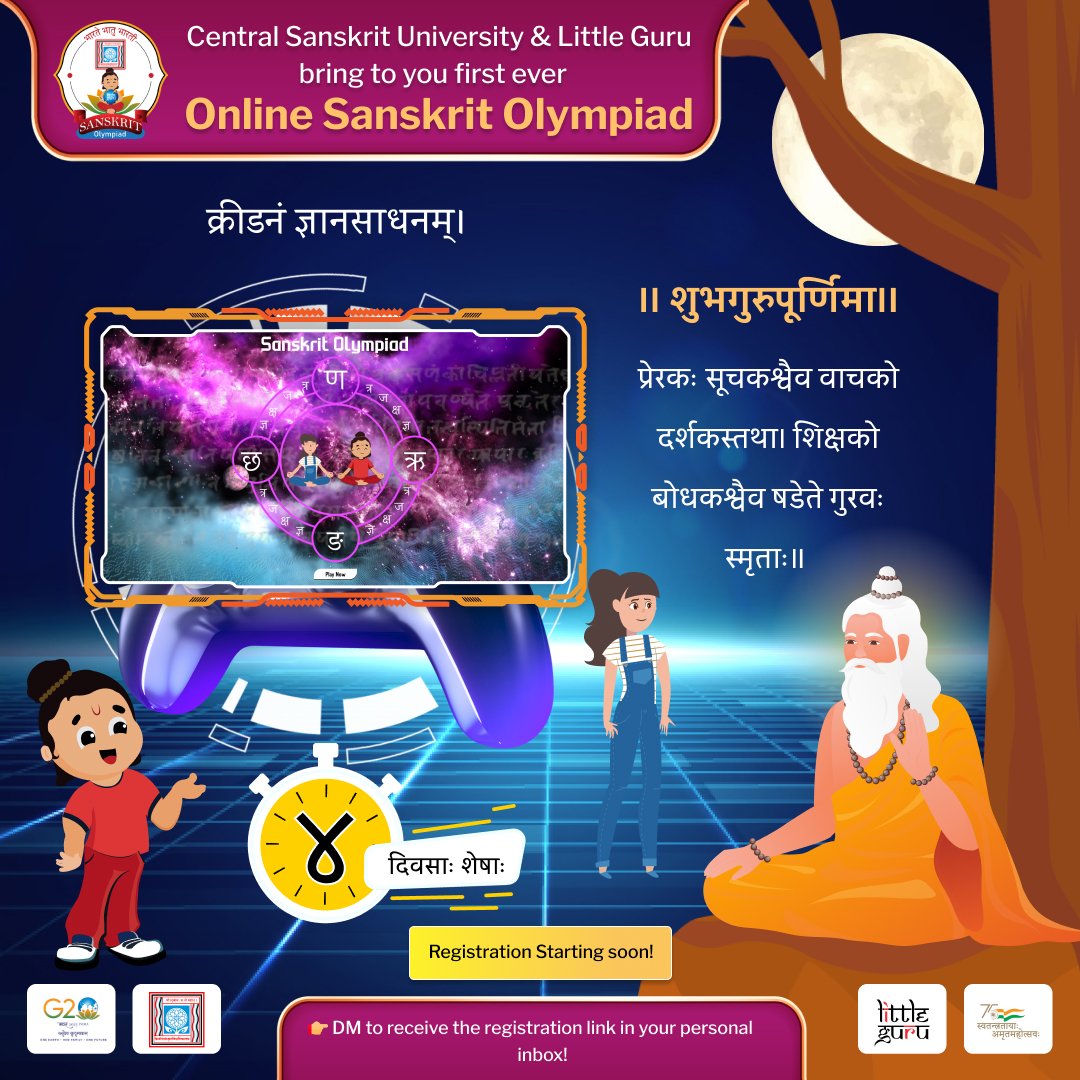 LittleGSanskrit's tweet photo. We are glad to announce on this Guru Poornima that the registrations of Online Sanskrit Olympiad will be starting on the 7th of July!

Only 4 days left for registrations!!!

DM to know more details!!

#centralsanskrituniversity #littleguru #olympiad #onlineexam #sanskritexam https://t.co/8Omx1R5aiR