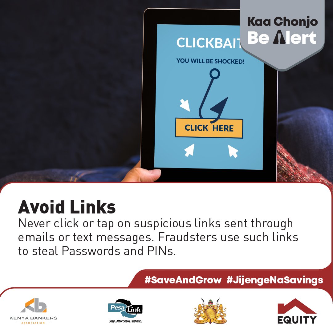 KeEquityBank's tweet photo. Exercise caution when opening unfamiliar emails or texts containing links, do not click on them as this could potentially compromise your information. #KaaChonjo #BeAlert #FinancialLiteracy https://t.co/DPFd6zNsTa