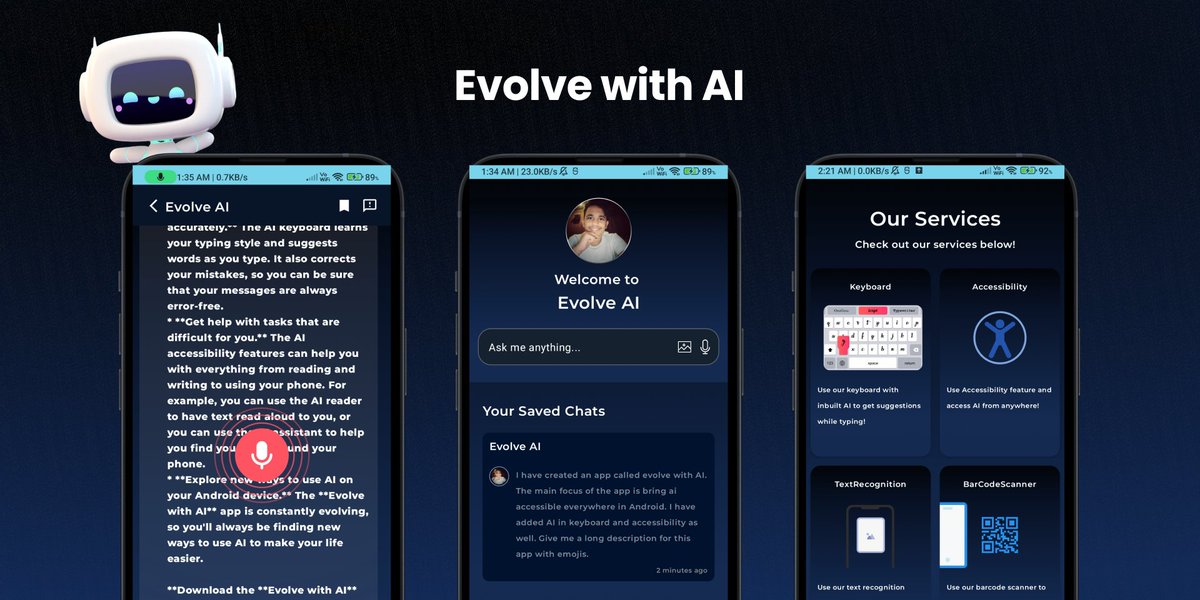 thekaailash's tweet image. 📲✨ Experience the AI revolution on your Android device with "Evolve with AI" app! 💫✨
Unleash the power of AI anwhere on your phone! 🤖
No need to use the APP... AI integrated into keyboard 🙌
📱 #EvolveWithAI #AIonAndroid #palmapi @GoogleAI 
@Android @AndroidDev @kotlin