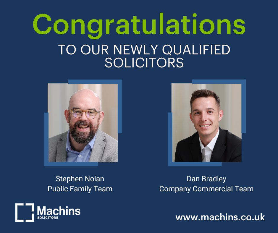 MachinsLaw's tweet photo. Congratulations to our newly qualified solicitors @StephenNolanLaw and Dan Bradley.  We are very proud of your achievement and wish you all the success in your career at Machins. 👏⭐👊
#qualifiedsolicitor #companycommercial #publicfamily #teammachins https://t.co/YAcKoMkriD