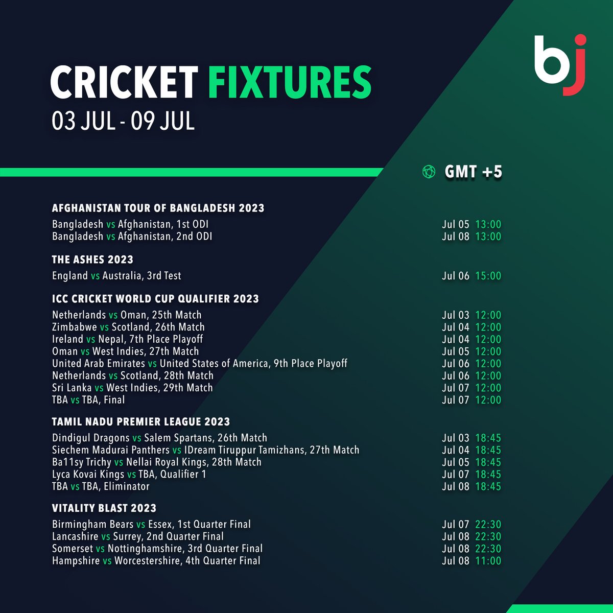 اگلے ہفتے کے تمام کرکٹ میچوں کا شیڈول ایک نظر میں صرف Baji پر دیکھیں!!

💥 ابھی Baji ممبر کے طور پر رجسٹر ہوں!!💥baji.social/bj/fbpkr4

#Baji #BJ #Sports #Cricket #Schedule #CricketFixture #VitalityBlast #TNPL #Ashes