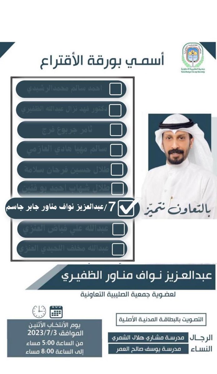 تذكير اليوم

انتخابات جمعية الصليبية التعاونية 

اخوكم / عبدالعزيز نواف مناور جابر جاسم   ( 7 ) 

من الساعه 5 مساء 
الى الساعه 8 مساء 

التصويت بالبطاقة المدنية الأصلية

الرجال : مدرسة مشاري هلال الشمري
النساء  : مدرسه يوسف صالح العمر 

#الكويت 
#جمعية_صليبية #جمعية_الصليبية