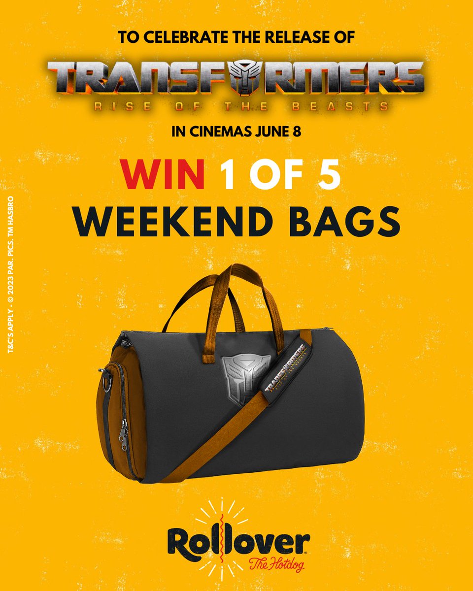 RolloverHotDogs's tweet photo. Win 1 of 5 Weekend Bags which we’re giving away to celebrate the release of #TransformersRiseOfTheBeasts (now in cinemas). These babies are ideal for carrying all your cinema snacks. Just imagine the space for those Rollovers! 🧳🌭

See the image for how to win!

#Giveaway https://t.co/2QPAnVNqL1