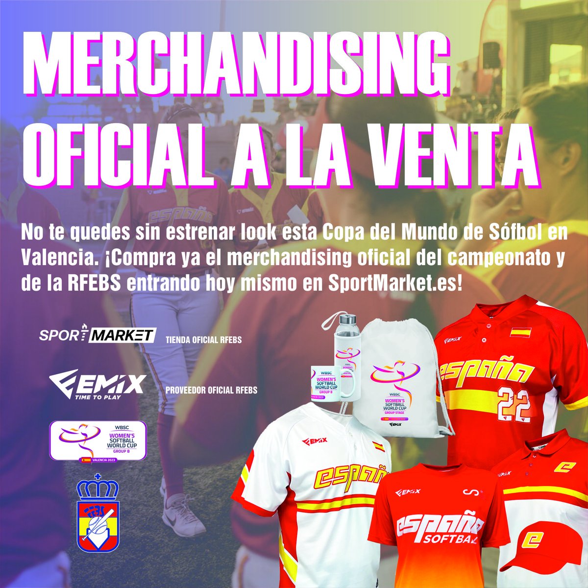 Este verano estrena look con el merchandising oficial de la Copa del Mundo de Sófbol de Valencia y la RFEBS. Cómpralo ya en la tienda oficial sportmarket.es <a href="/EmixTeamWear/">EMIX. TIME TO PLAY</a> #TimeToPlay. Invitamos a visitarla a Carlos Herrera, Yolanda Diaz y Belén Esteban