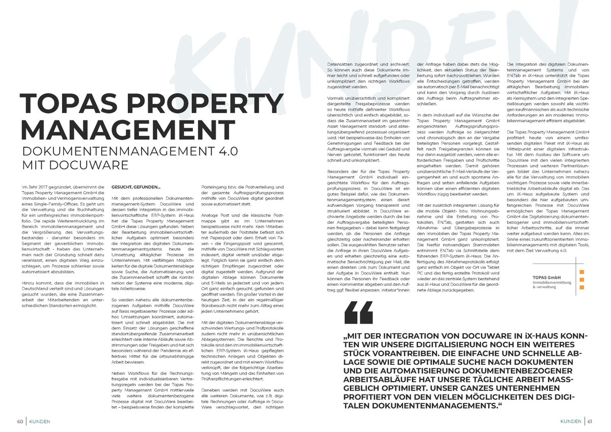 𝐌𝐚𝐠𝐚𝐱𝐢𝐧 𝐍𝐨.𝟔 
Topas Propertymanagement - Dokumentenmanagement 4.0 mit @DocuWare_de
Mehr Informationen zu der Integration von DocuWare in iX-Haus erfahren Sie unter dem folgenden Link:
hubs.ly/Q01Wtzl90