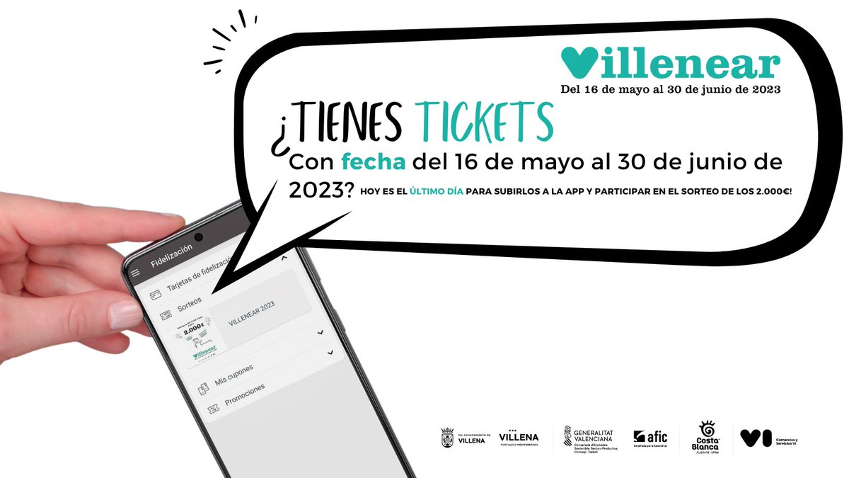 VideVillena's tweet photo. 📢 ¿Tienes tickets o facturas sin subir a la App? ¡Todavía estás a tiempo!

Si tienen fecha del 16 de mayo al 30 de junio... ¡Súbelos a la App 03400 y entra en el sorteo de los 2.000€ de #Villenear! 

Y si son ilegibles... pásate por la Asociación hoy o mañana y los validamos ✅ https://t.co/KuS2kaMOCd
