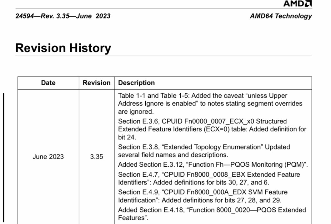 InstLatX64's tweet photo. #AMD refreshed the "AMD64 Architecture Programmer's Manual, Volumes 3" 24594 to 3.35:
https://t.co/7zlSUKdfOi https://t.co/zBORQHXI5H