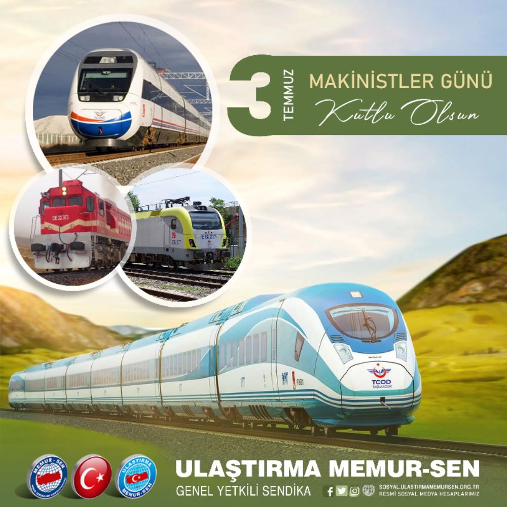 Demir ağlarla örülü ülkemizin dört bir yanında 7/24 çalışarak, gece gündüz demeden yurdumuzun her köşesine vatandaşlarımızı ve memleketimizin yükünü güvenle ulaştıran TCDD Makinistlerimizin "3 Temmuz Dünya  Makinistler Günü"nü kutlarız.