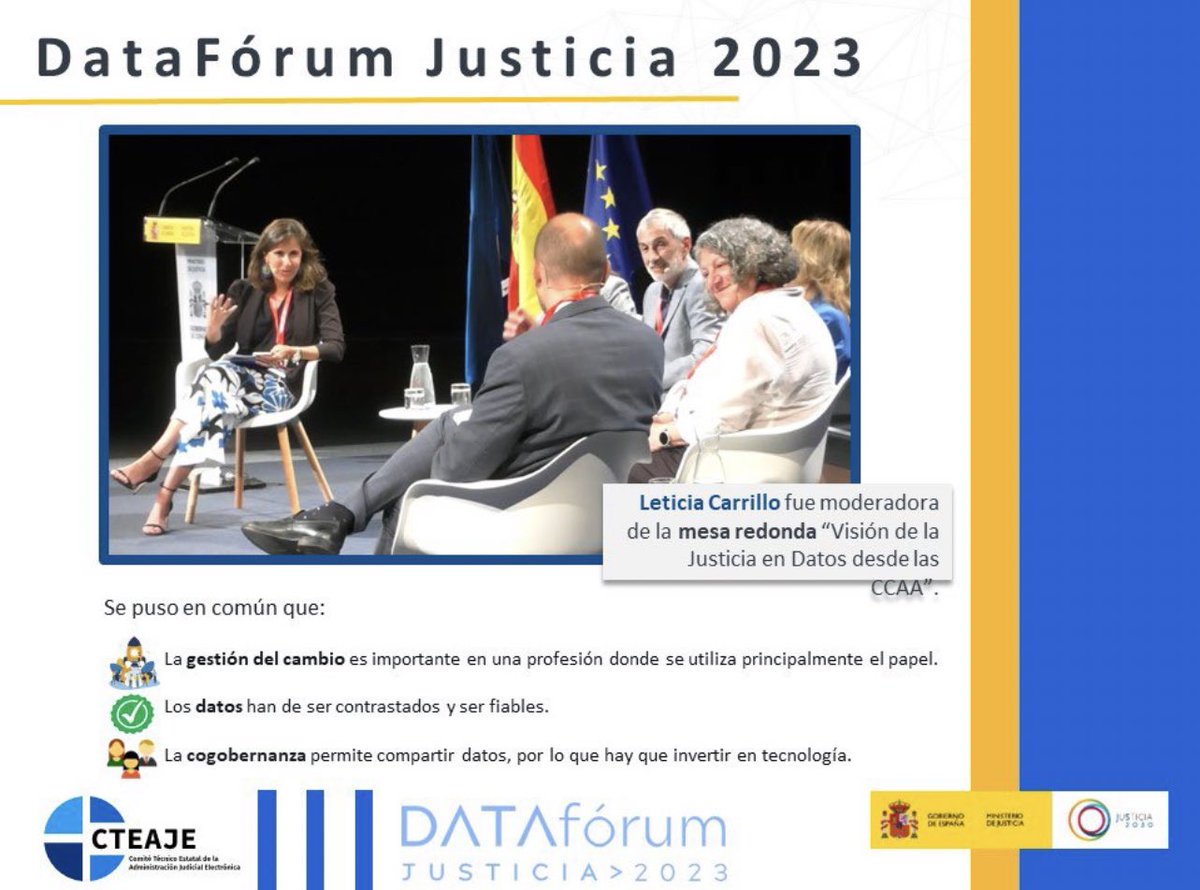 CTEAJE's tweet image. ¡Buenos días! Os dejamos el enlace a la mesa redonda moderada por Leticia Carrillo, secretaria general del @CTEAJE, sobre la visión de la Justicia en Datos desde las CCAA 📊 en el en #DataFórum2023 organizado por @justiciagob y @GobAsturias 👇

youtube.com/live/TycW6oH1d…