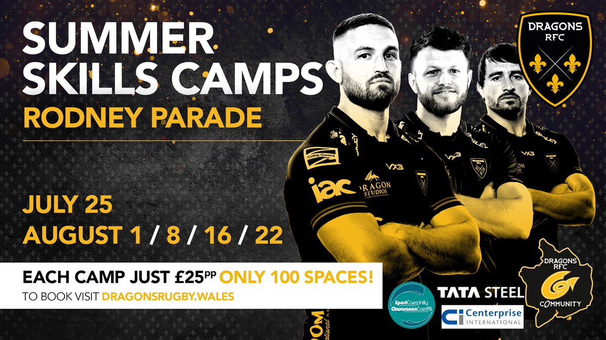🐉 𝙎𝙆𝙄𝙇𝙇 𝘾𝘼𝙈𝙋𝙎 | We start this week! 🙌 @DRA_Community are urging young players to join them for an action-packed summer! An incredible 14 Rugby Skills Camps on sale NOW - including 5⃣ at @rodneyparade ▶️ eticketing.co.uk/dragons/ #WeAreGwentRugby #DragonsFamily