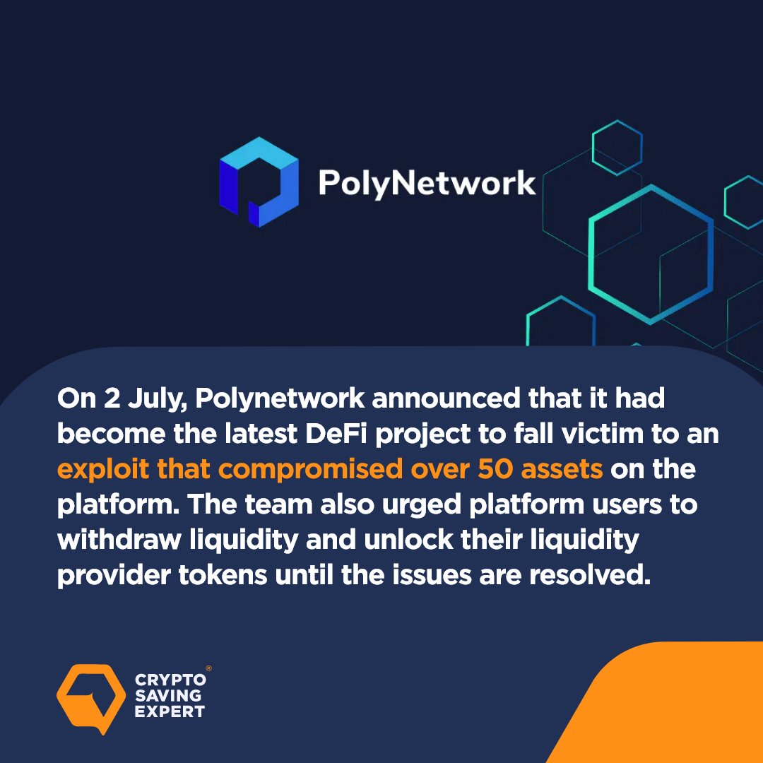 CryptoSavingExp's tweet image. #PolyNetwork urges users to withdraw after exploit affects 57 crypto assets ⚠️